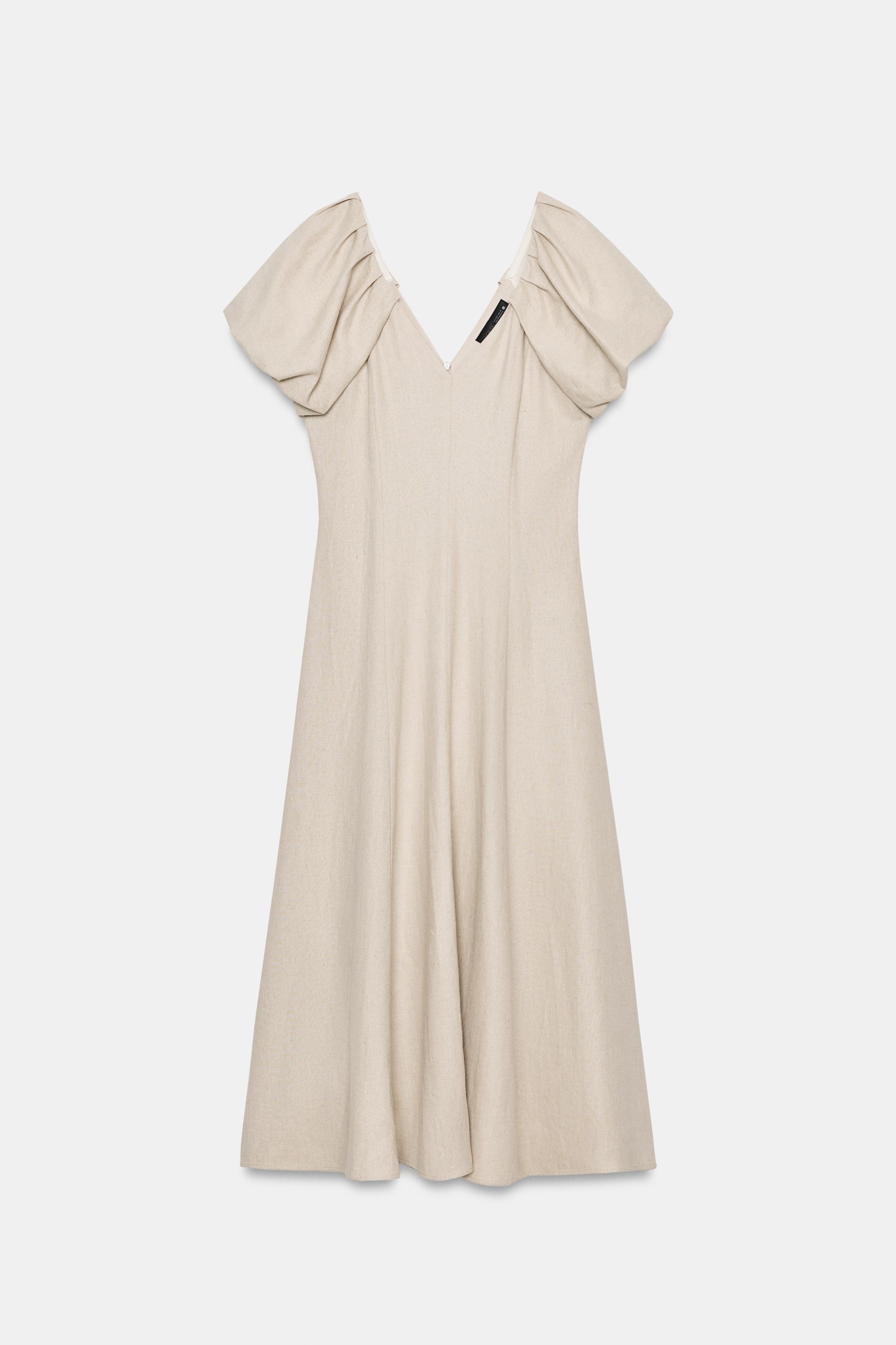 LINEN BLEND PUFF SLEEVE MIDI DRESS